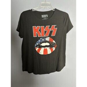 KISS T-Shirt Top Women's Size Large Lips USA Flag Black Short Sleeve